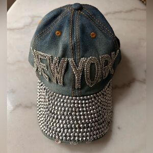 Denim ‘NEW YORK’ Crystal Rhinestone Embellished Baseball Cap Hat NWT